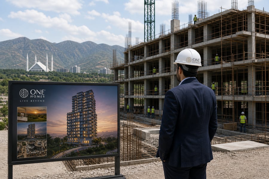A man in a suit and a hard hat stands at a construction site with a One Homes board displaying an image of a finished building with mountains and Faysal mosque visible in the distance