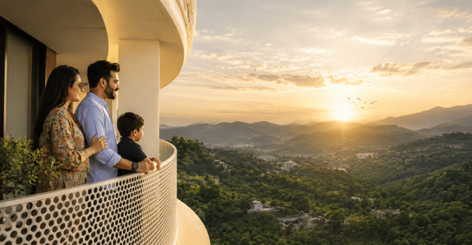 Pakistani man, woman, and child standing on a luxury apartment balcony overlooking the Islamabad hills and greenery at sunset