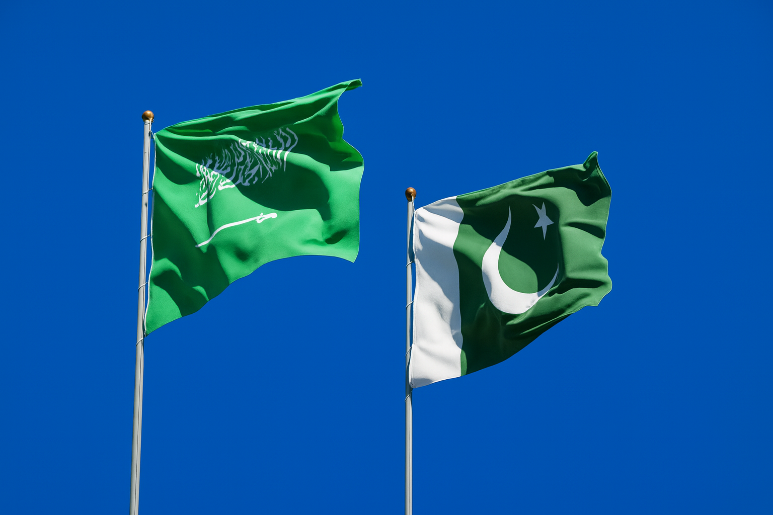 Saudi Arabia and Pakistan flags waving side by side against a clear blue sky, symbolising unity and partnership.